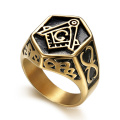 Custom Antique Gold Plated Men Black Ring Stainless Steel Exquisite Masonic Item Rings